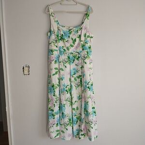 Old Navy Maxi Dress XL Floral Linen Blend Smocked Sleeveless Pocket Fit Flare
